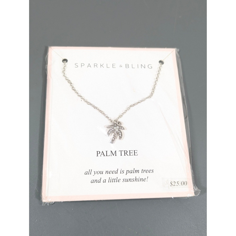 NWT Palm Tree Necklace Rhinestone‎ Faux Pearl Silver Tone 19" Beach